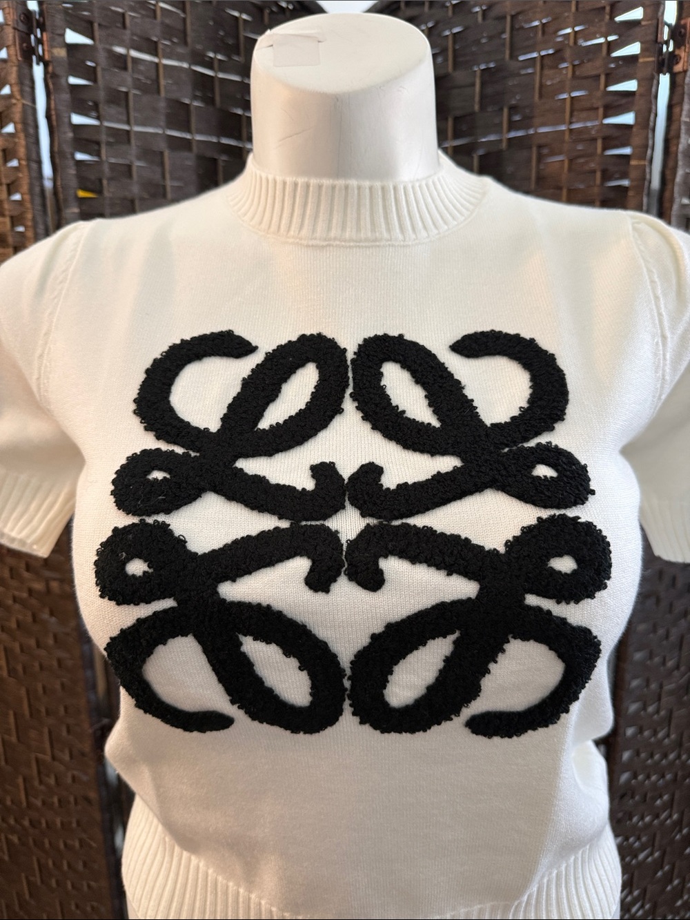 White Short-Sleeve Knit Top with Black Anagram Appliqué - Picture 2 of 2